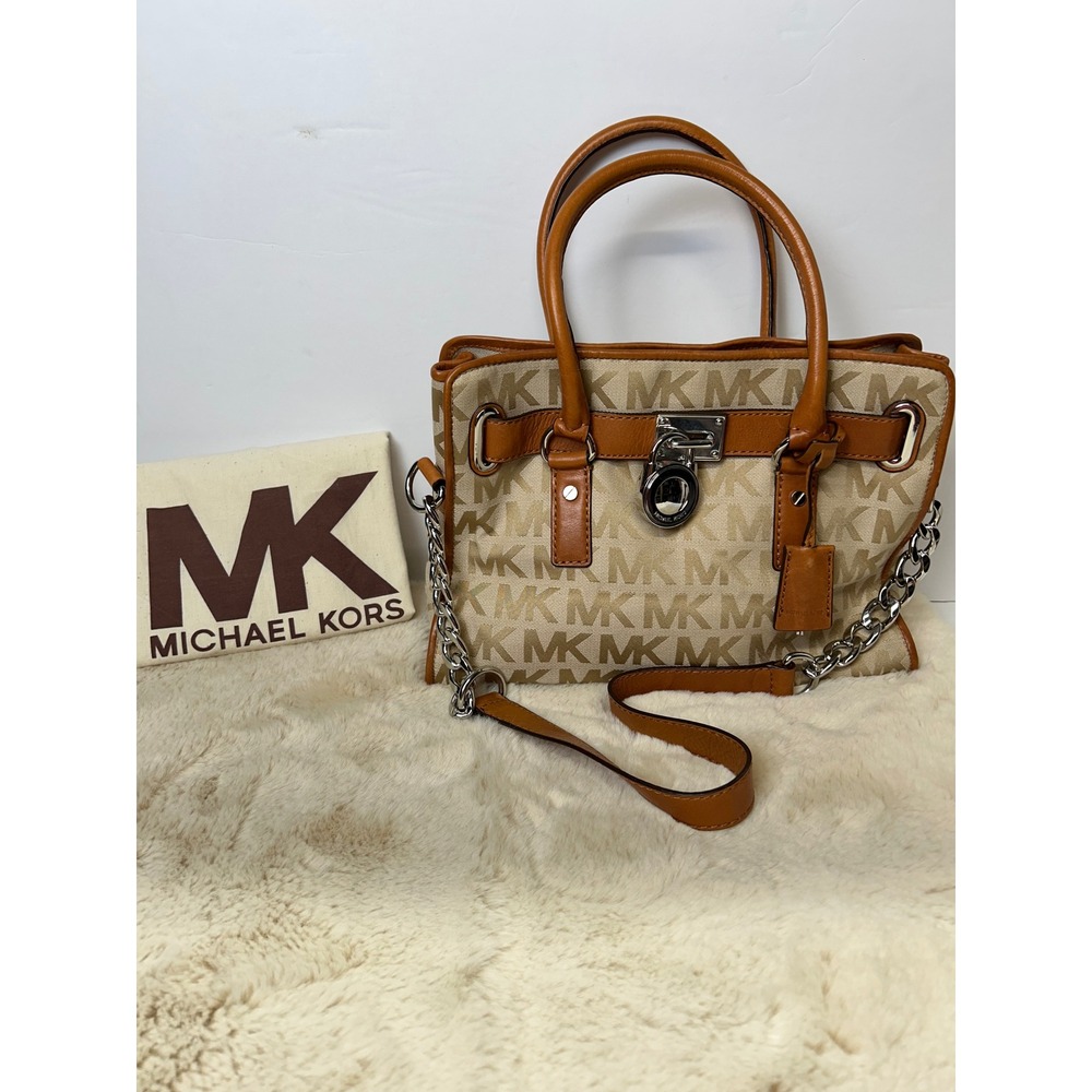 Michael Kors Hamilton Satchel Monogram Canvas Tan Leather Crossbody Bag Dust Bag